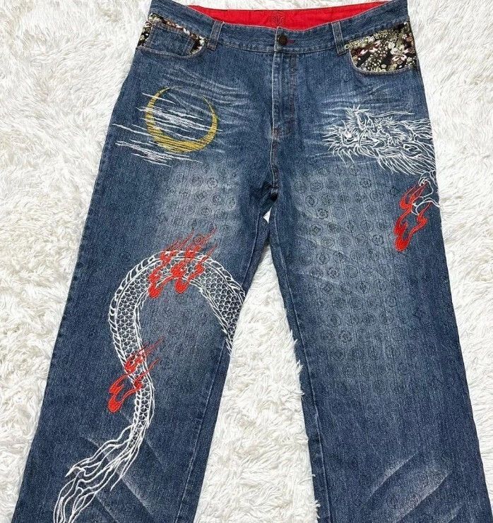 Other Kacho Fugetsu Dragon Embroidered Wide Denim Jeans Japanese Size US 38 / EU 54 - 3 Thumbnail