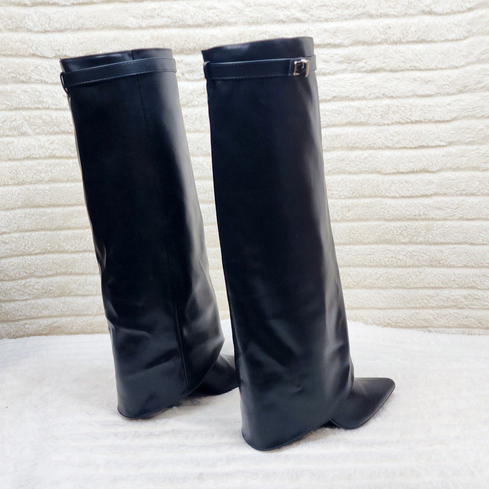 Other Paris Black Skirted Fold Over 3.5" Block Heel Knee High Boot Size US 6 / IT 36 - 3 Thumbnail