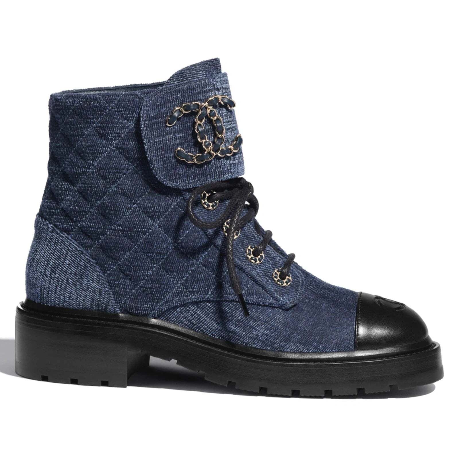 Chanel 21A Blue Black Quilted CC Chain Combat Lace Up