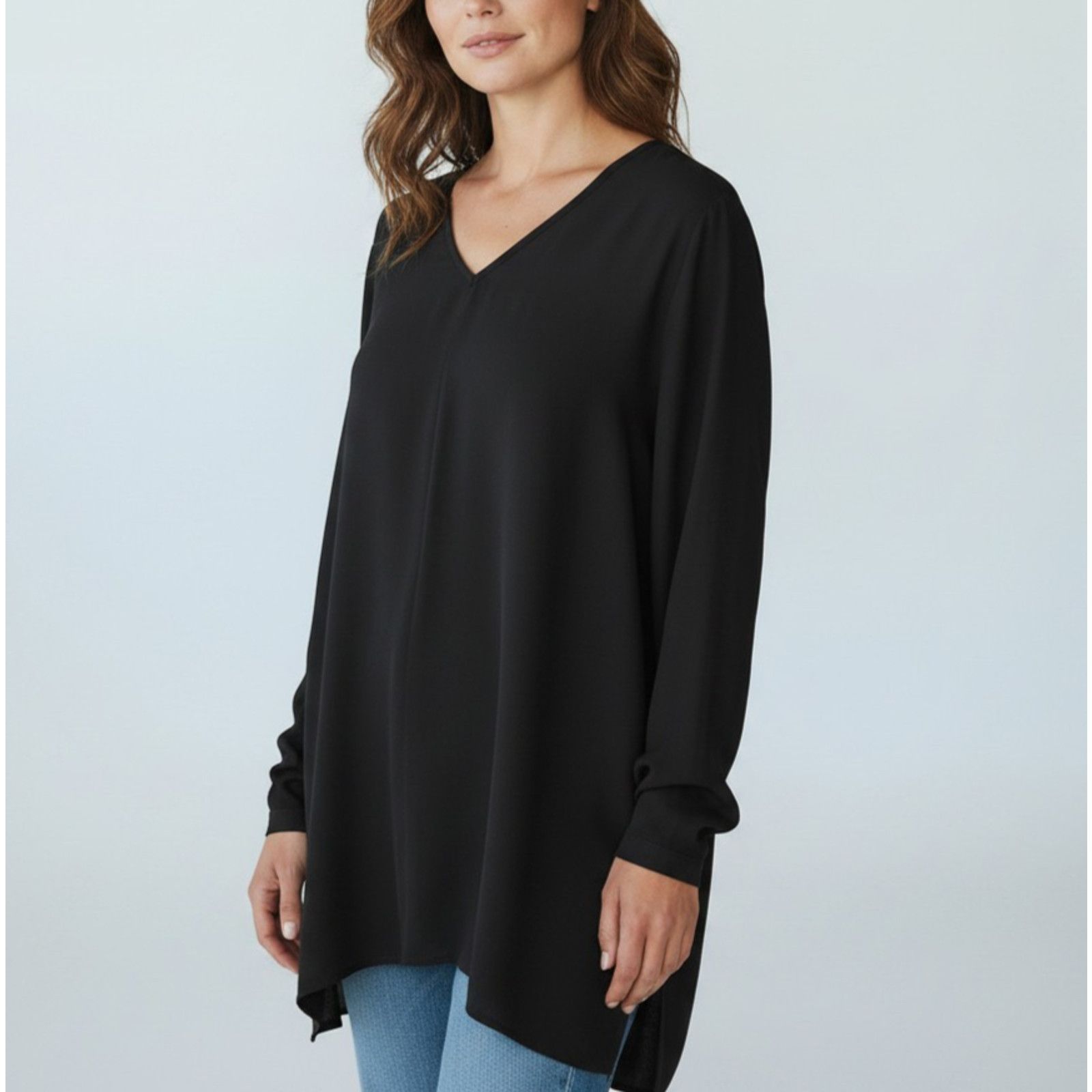 Eileen Fisher EILEEN FISHER Black Silk V-Neck Crepe Tunic Top Size M Size M / US 6-8 / IT 42-44 - 1 Thumbnail