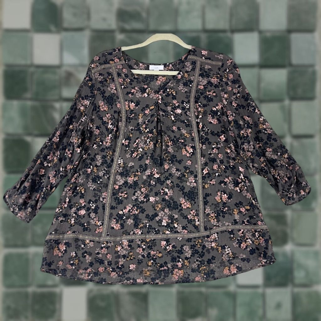 J. Jill J. Jill Shirt Women M Brown Floral Crepe Crochet 3/4 Sleeve Pullover Casual Size M / US 6-8 / IT 42-44 - 1 Thumbnail