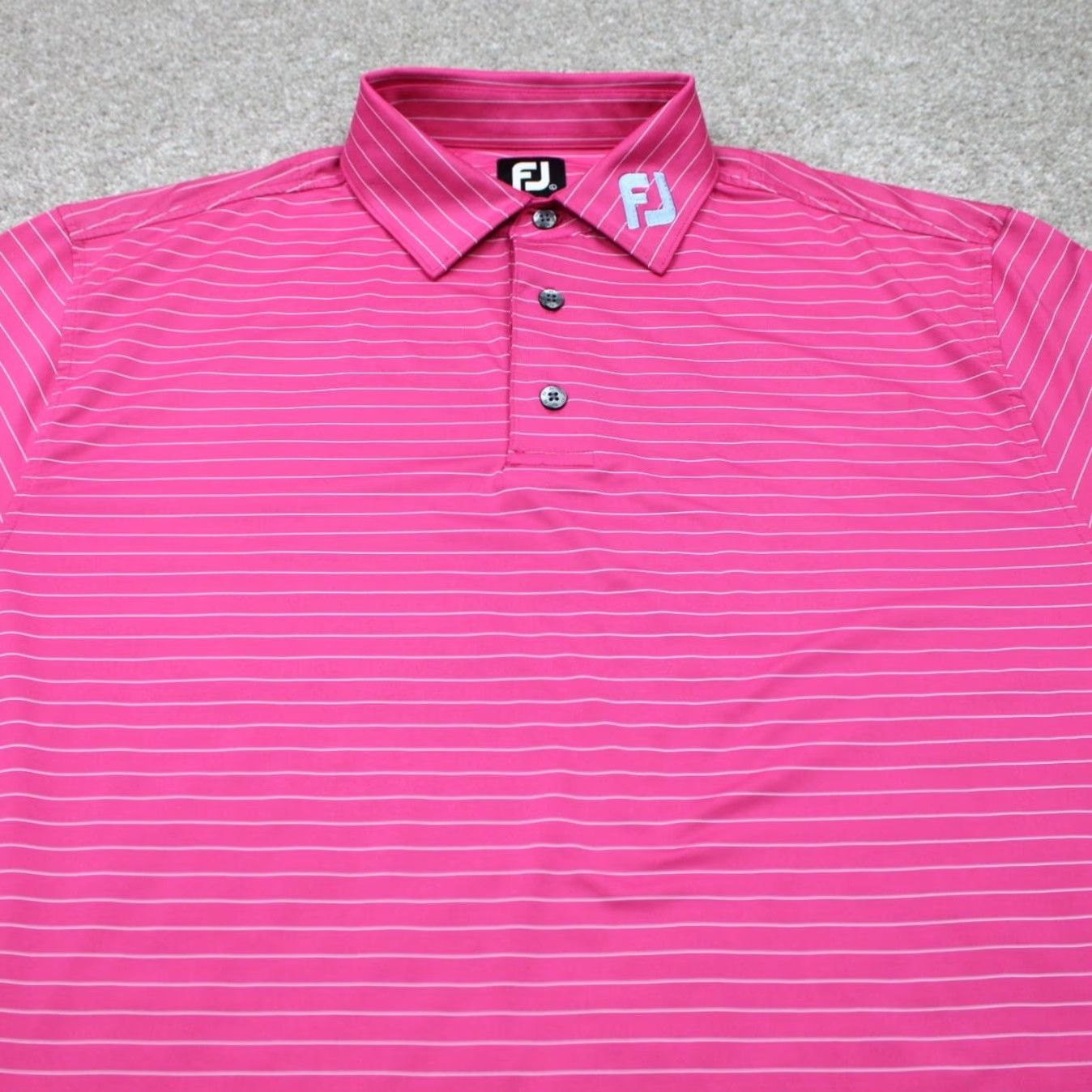 Footjoy FootJoy Polo Shirt Mens Large Pink/White Striped Polyester Stretch S/S Golf Size US L / EU 52-54 / 3 - 7 Thumbnail