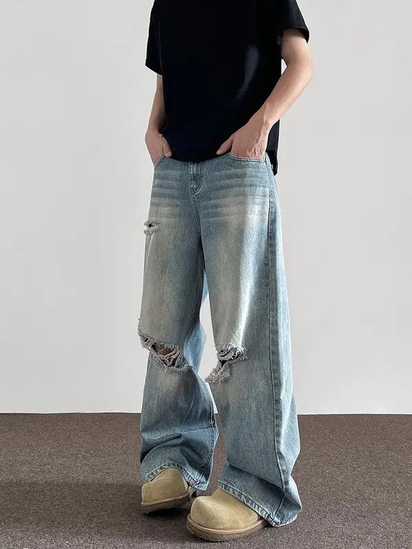 VIBE Blue Baggy Distressed Denim Jeans, Loose Wide Leg Jeans Size US 32 / EU 48 - 6 Thumbnail