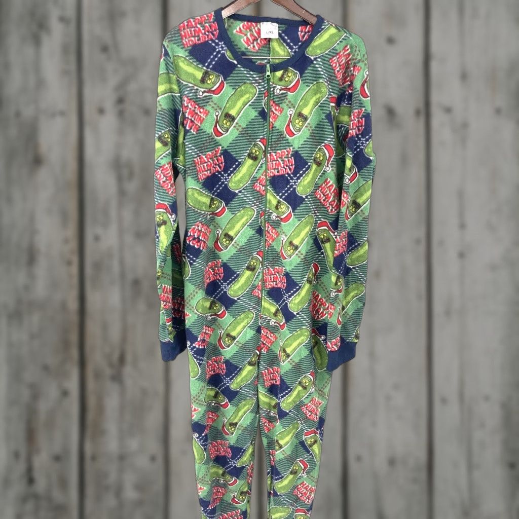 Vintage VINTAGE Rick and Morty Pickle Rick Fleece Pajama Suit Men XL Green Cartoon Christmas Holiday Sleepwear Size 46R - 1 Thumbnail