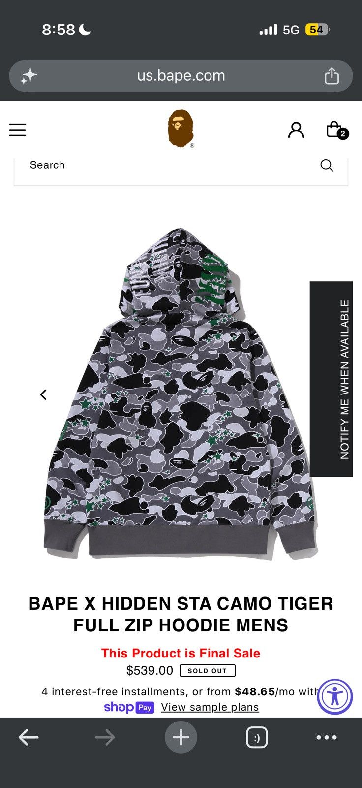 Bape BAPE X HIDDEN STA CAMO TIGER FULL ZIP HOODIE Size US XL / EU 56 / 4 - 17 Thumbnail