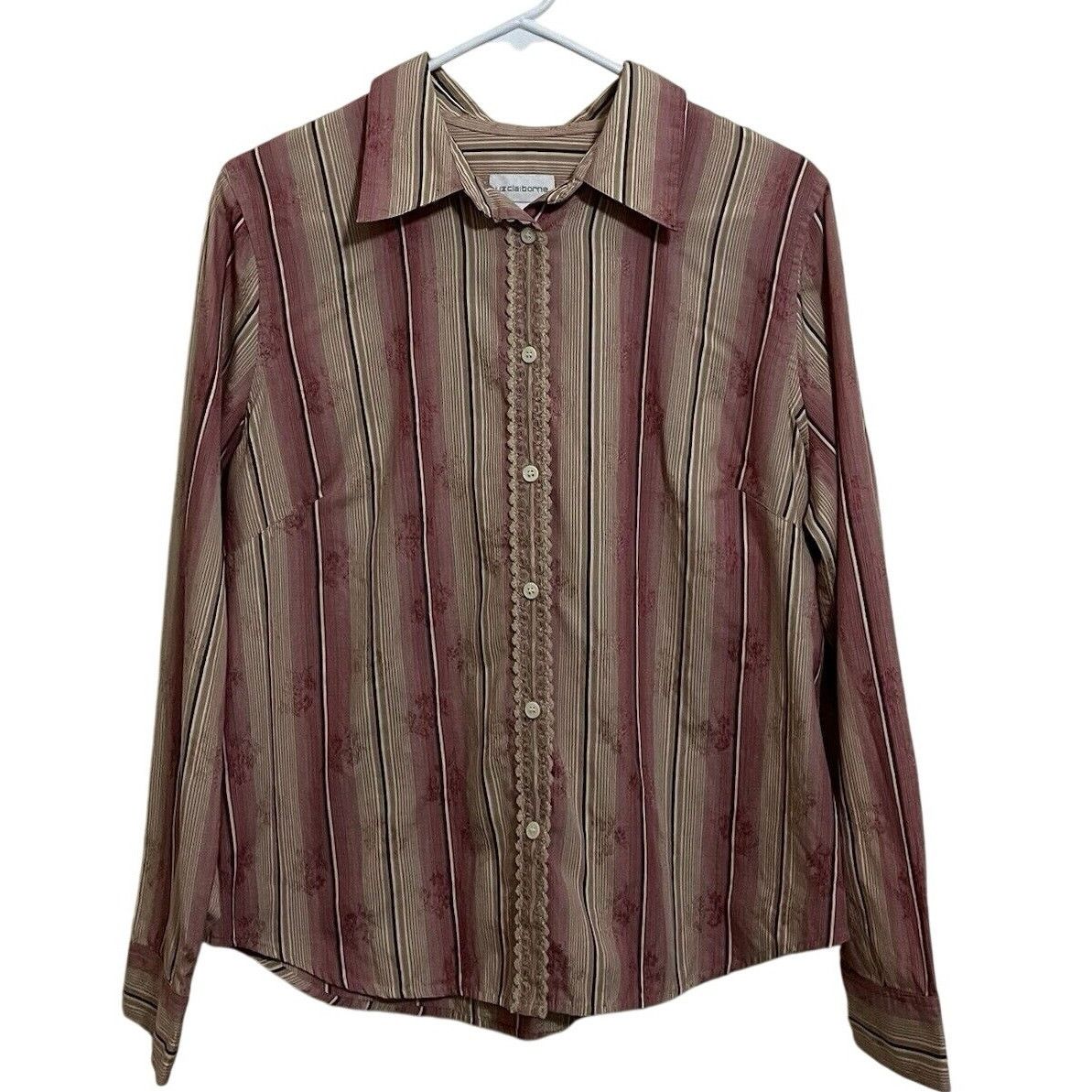 Vintage Liz Claiborne | Vintage Y2K Striped Floral Lace Button Top Size L / US 10 / IT 46 - 1 Thumbnail
