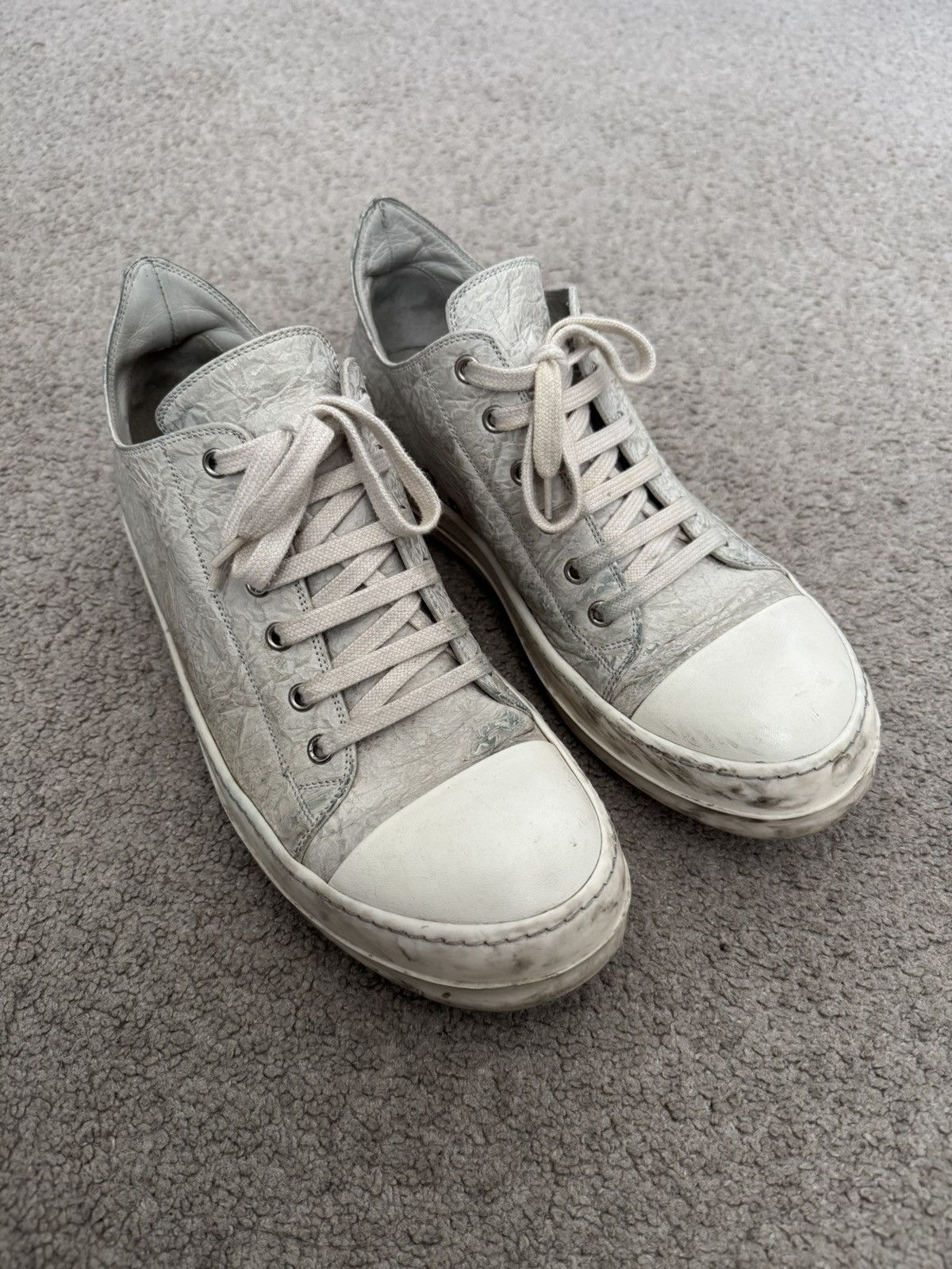 Ss17 Rick Owens Mainline Walrus Textured Leather Low Ramones Shoes in White, Men's (Size 8)