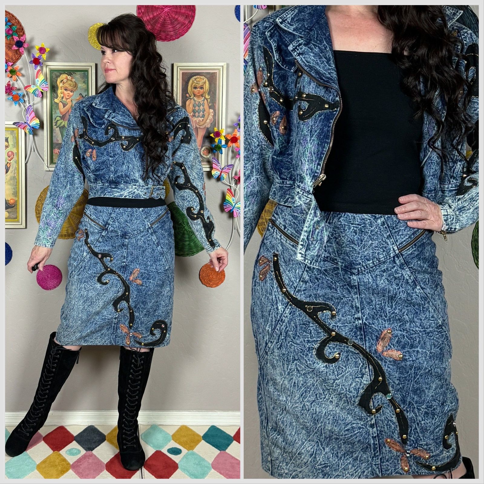 Vintage 1980s Acid Wash Denim Embellished Moto Jacket and Skirt Set Size 28" / US 6 / IT 42 - 1 Thumbnail