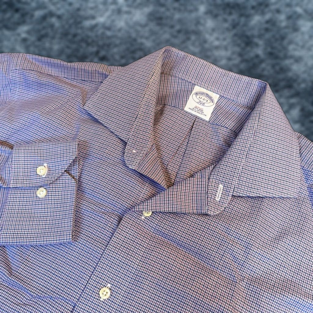 Brooks Brothers Brooks Brothers 346 Dress Shirt Slim Fit Non-Iron 100% Cotton Blue Purple Houndstooth 17 2/3 Men Long Sleeve Button-Front Casual Formal Business Mens Size 46R - 1 Thumbnail