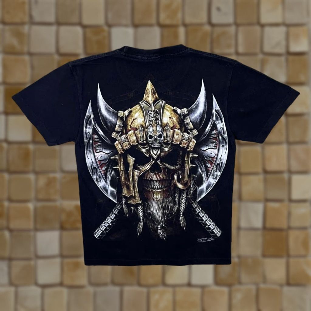 Vintage Rock Chang Early 00's Goth Viking Skull Axe Graphic Black T-Shirt Small Mens Short Sleeve Round Neck Graphic Print Size US S / EU 44-46 / 1 - 1 Thumbnail