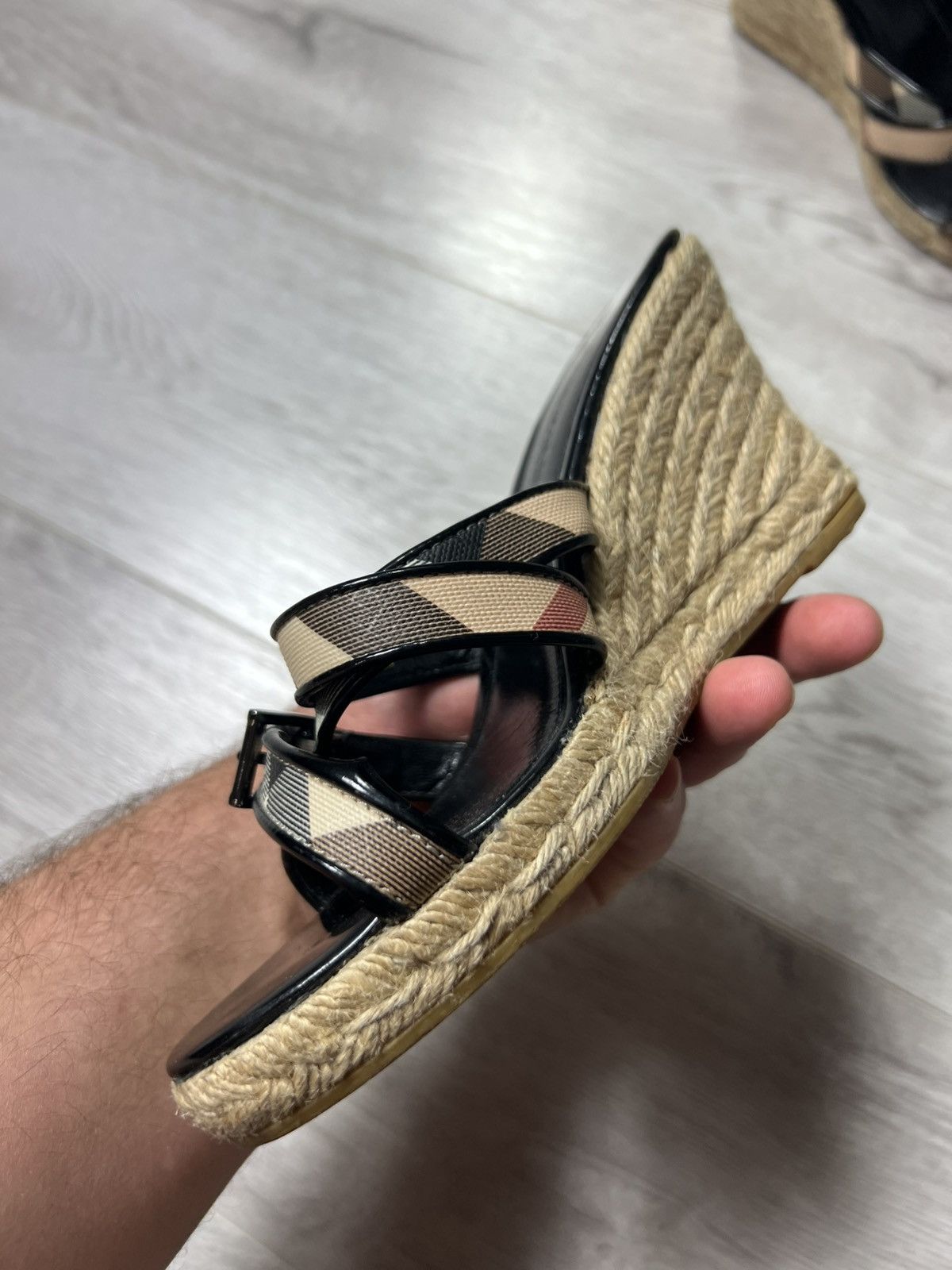 Burberry Women’s Nova Check Leather Wedge Espadrille Sandals