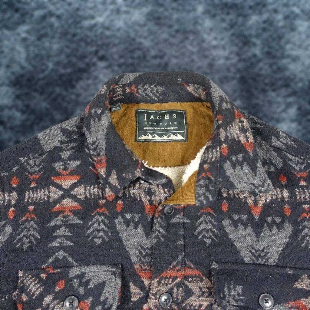 Vintage JACHS Shirt Jacket Mens L Black Aztec Sherpa Lined Shacket Wool Geometric Flannel Polyester Mid-Length Button Casual Travel Size US L / EU 52-54 / 3 - 1 Thumbnail