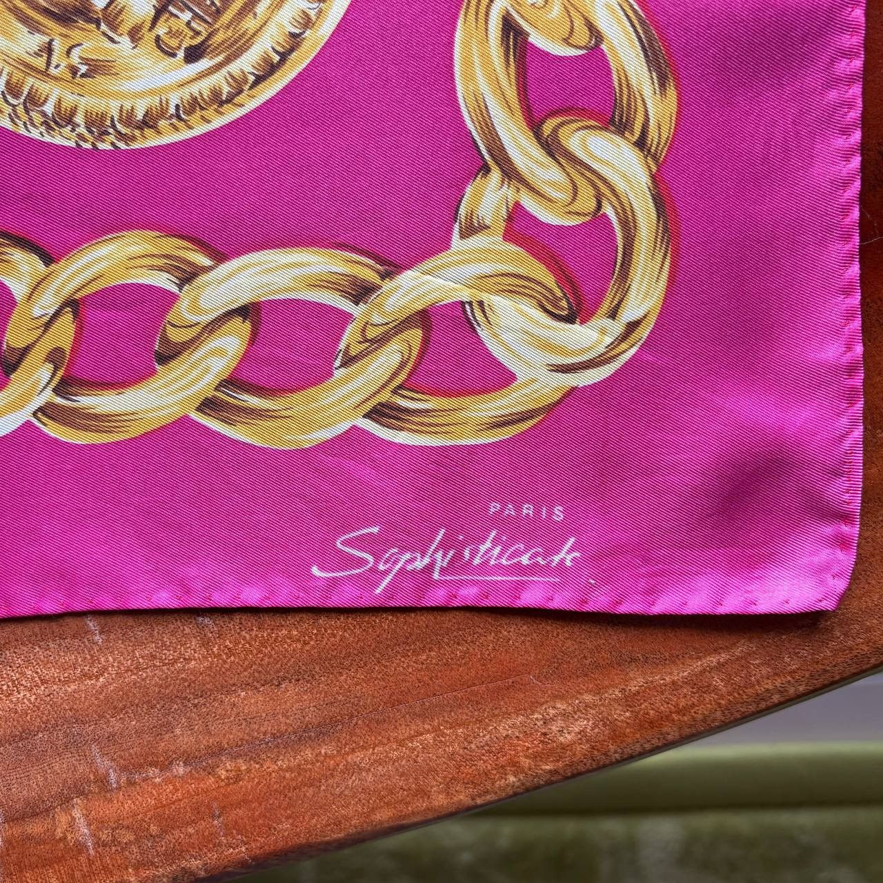 Chanel Vintage Chanel Pink Silk Scarf Gold Chain Link Pattern Size ONE SIZE - 2 Thumbnail