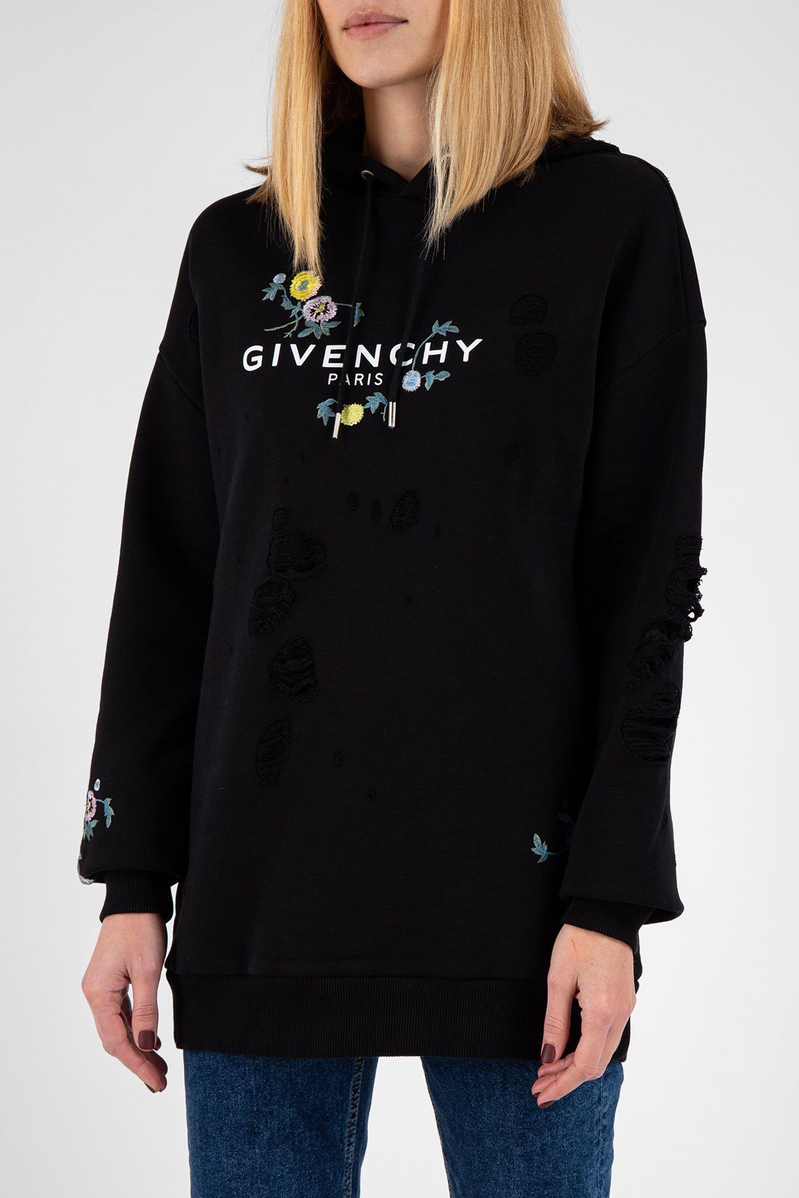 Givenchy Black Floral Embroidered Destroyed Logo Hoodie Size L / US 10 / IT 46 - 1 Thumbnail