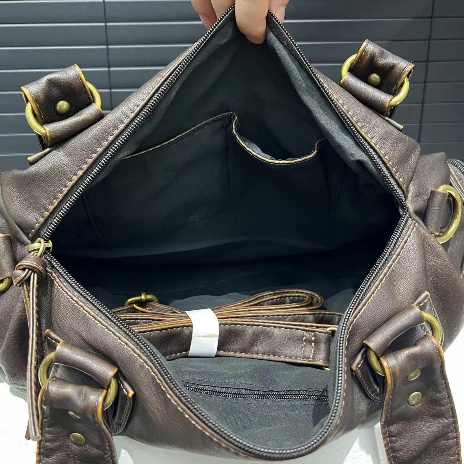 Vintage Brown Multi-Zip Leather Shoulder Handbag, Large Tote Size ONE SIZE - 5 Thumbnail