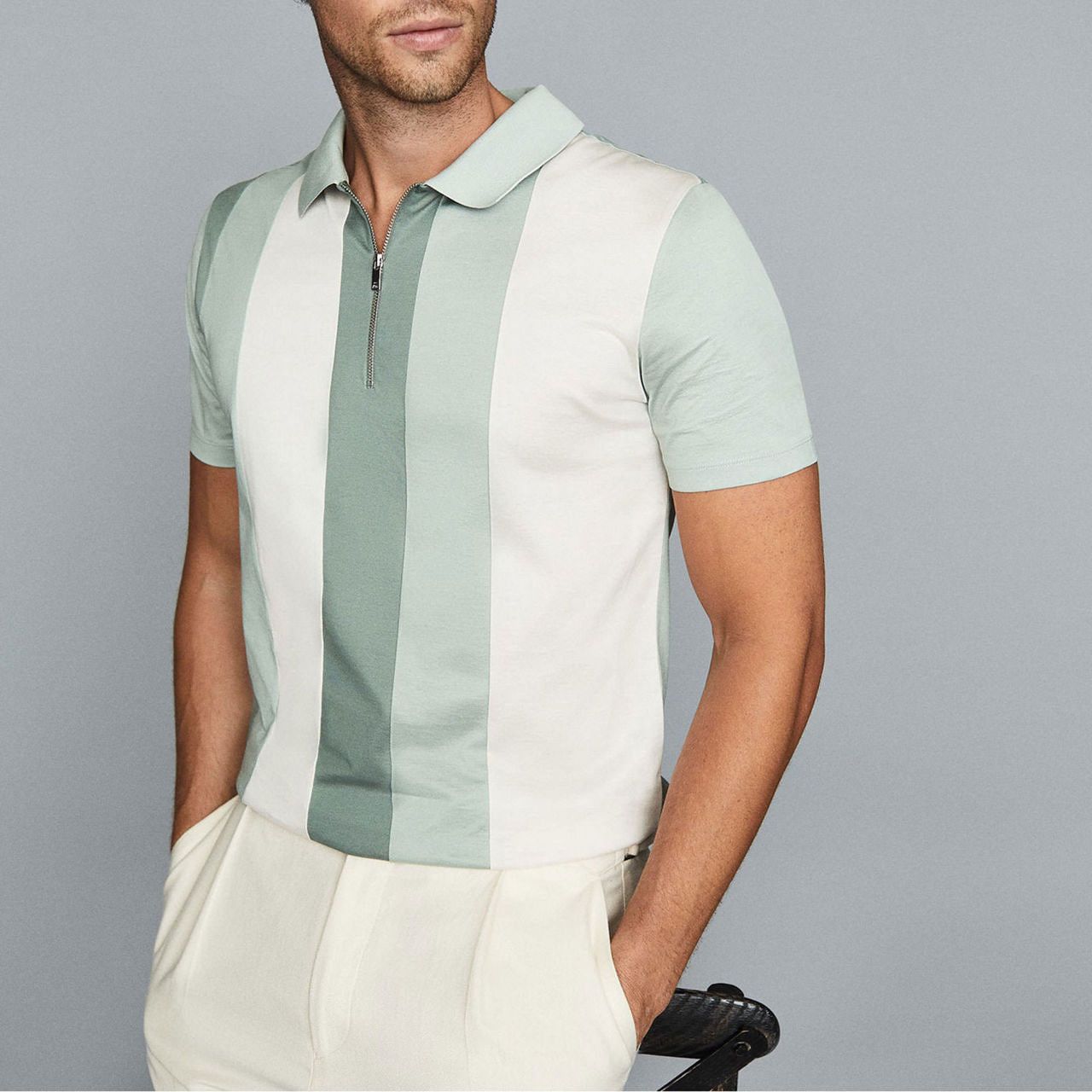 Reiss Reiss Owen Stripe Detailed Zip Neck Polo shades green Shirt Size US L / EU 52-54 / 3 - 3 Thumbnail