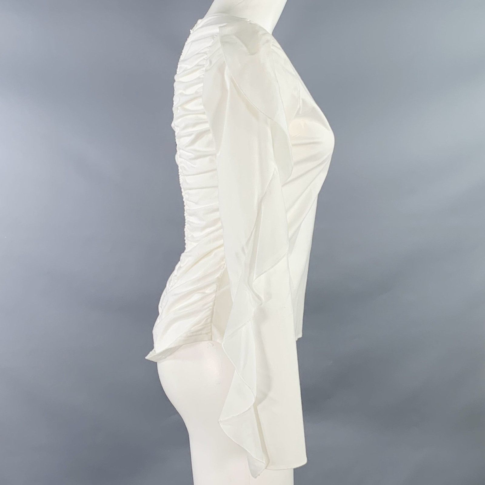 ANNE FONTAINE Seleste White Cotton Blend Ruched Ruffled Long Sleeve Top Size S / US 4 / IT 40 - 2 Thumbnail