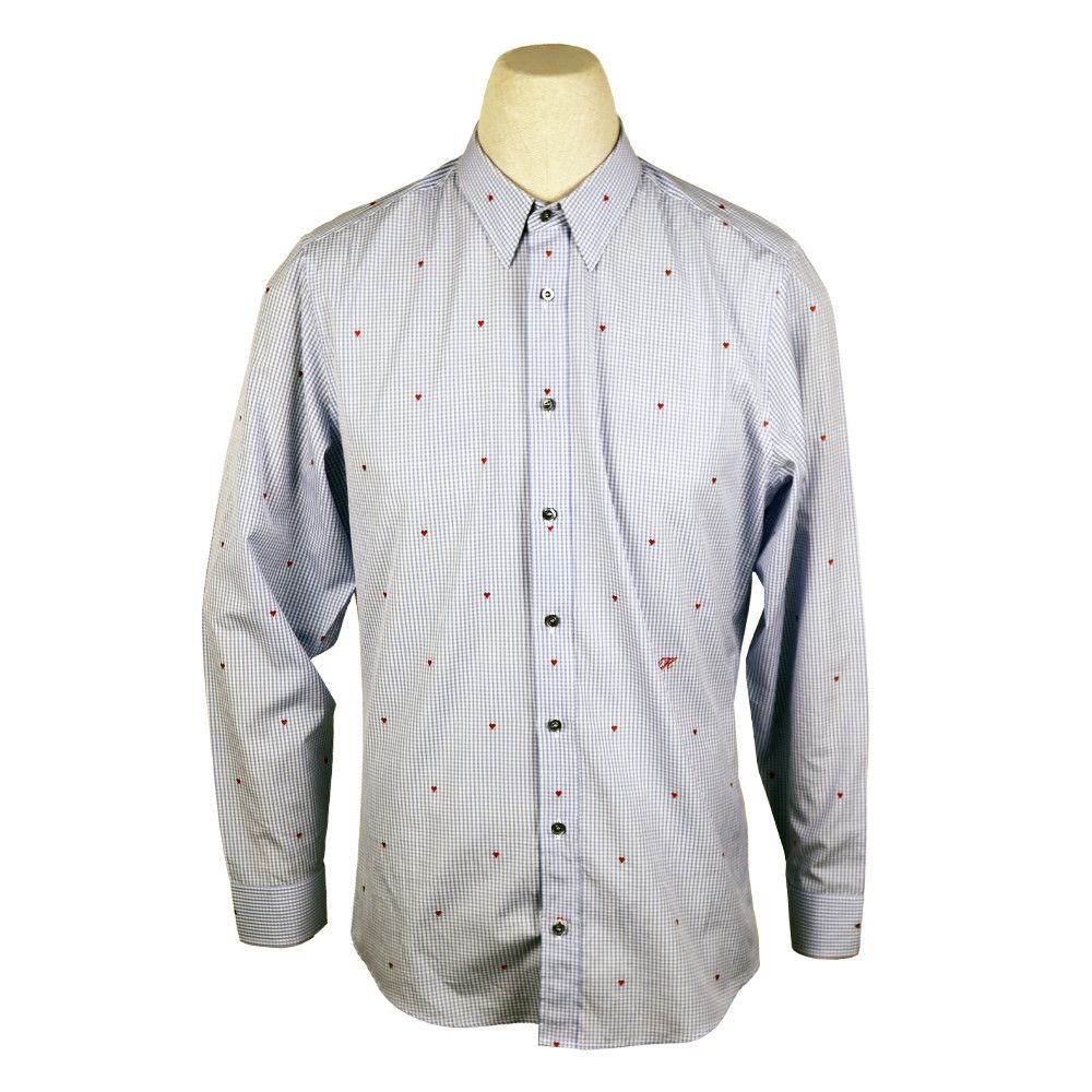 Gucci Gucci Blue Gingham Cotton Shirt with Red Heart Embroidery Size US M / EU 48-50 / 2 - 1 Thumbnail