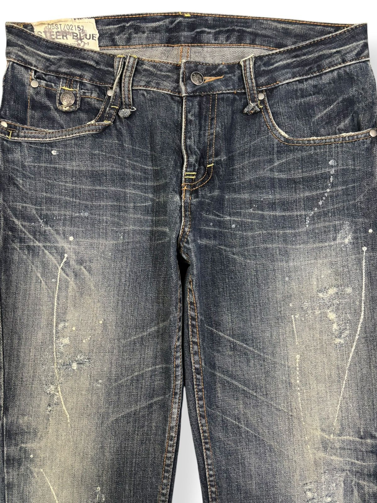 14th Addiction Vintage Steer Blue Whiskers Paint Splatter Distressed Jeans Size US 32 / EU 48 - 3 Thumbnail