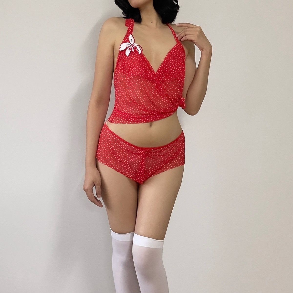 image of Vintage Vs Red White Polka Dots Mesh Lingerie Set (Large) in Red/White, Women's