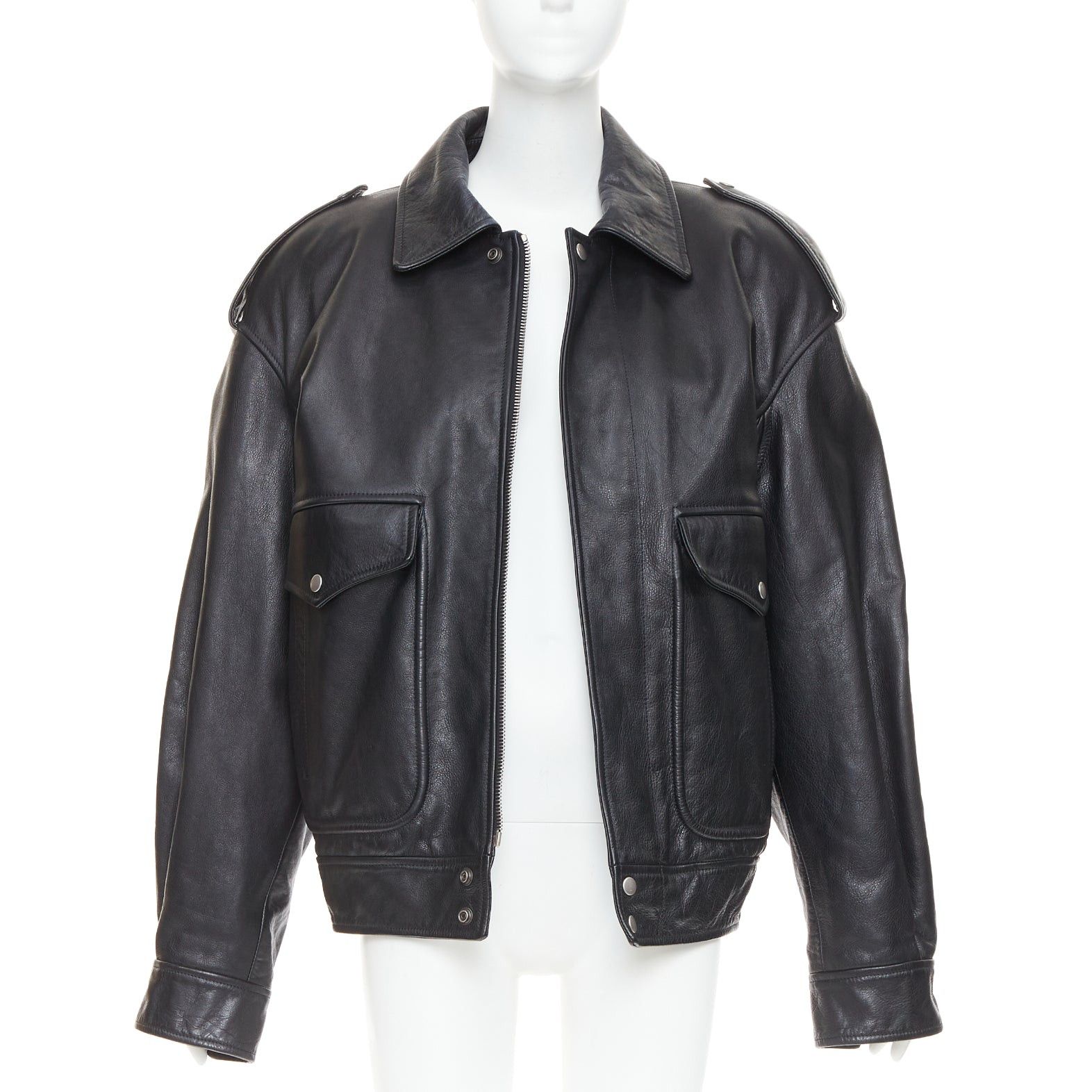 Saint Laurent Paris rare SAINT LAURENT 2023 Runway black cow leather oversized aviator bomber jacket FR38 M Size M / US 6-8 / IT 42-44 - 1 Thumbnail