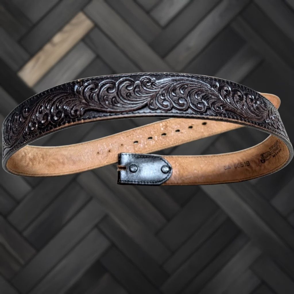 Vintage VINTAGE Justin USA MADE TOOLED belt 32 brown leather Western Mens belt Size 32 - 1 Thumbnail