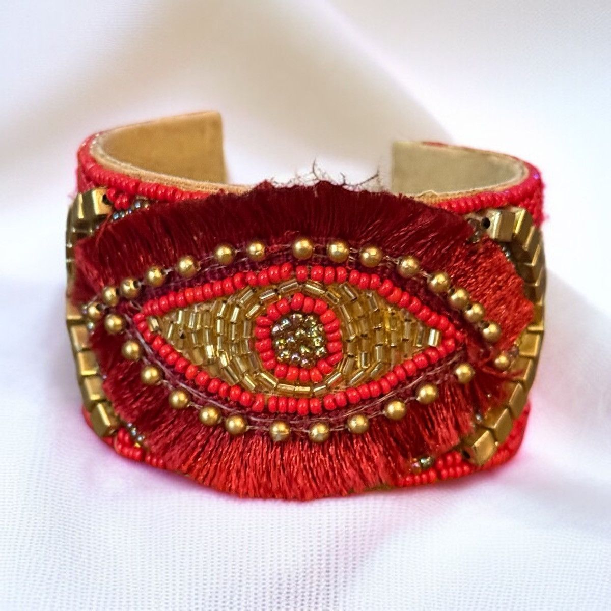 Other Handmade red and gold beaded evil eye wide cuff bracelet Size ONE SIZE - 1 Thumbnail