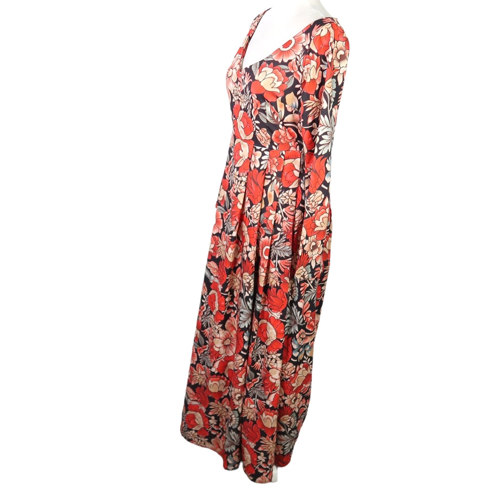 Nicole Miller Nicole Miller Maxi Dress Floral Print V-Neck Long Sleeve Red Orange Black S Womens Size S / US 4 / IT 40 - 4 Thumbnail
