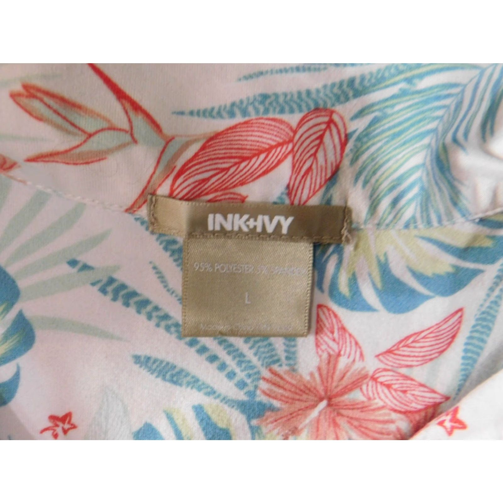 Vintage Ink + Ivy Womens Button-Up Shirt L Blue Floral Short Sleeve Collared Knit Polyester Spandex Stretch Casual Vintage? No (Vintage: No). Size L / US 10 / IT 46 - 5 Thumbnail