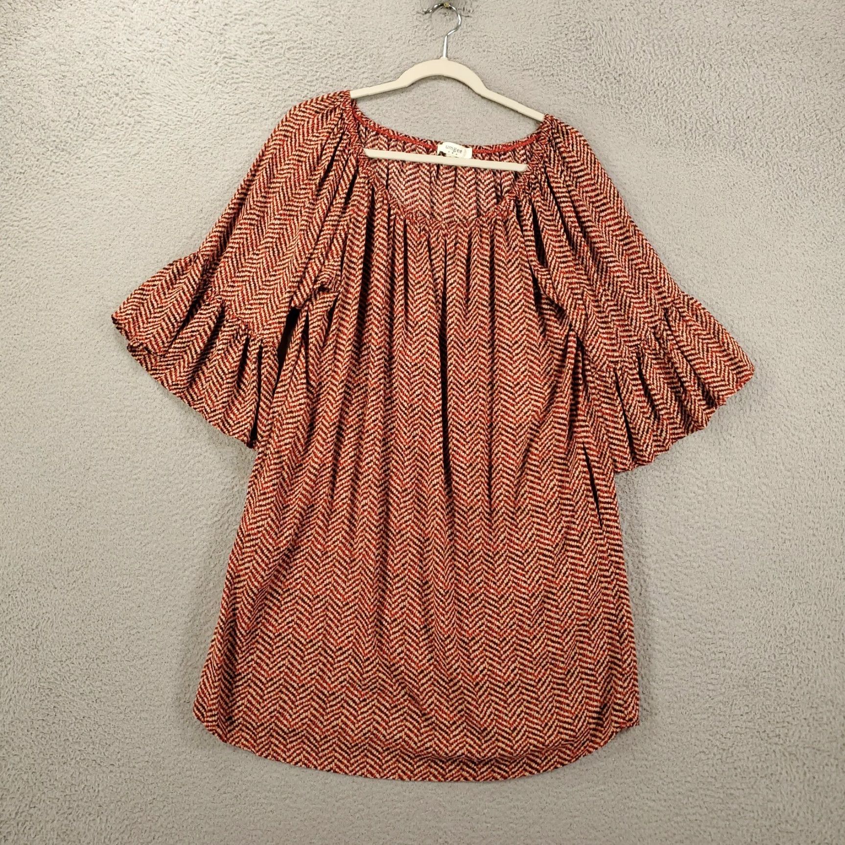 Vintage UMGEE Boho Tunic Womens Large Orange Red White Scoop Neck Flared Flutter Sleeve Size L / US 10 / IT 46 - 2 Thumbnail