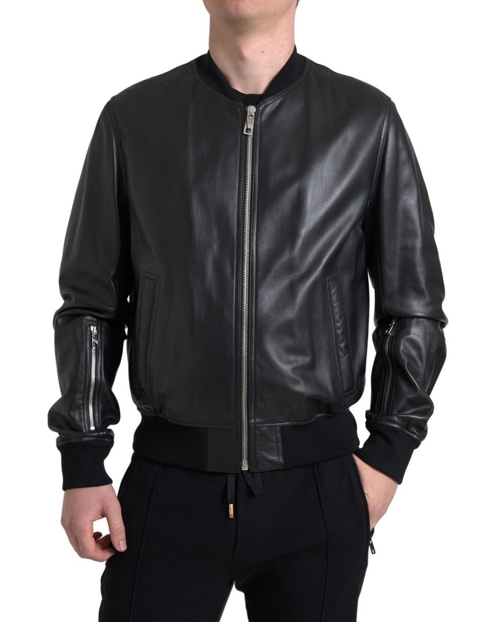 image of Dolce Gabbana Leather Full Zip Bomber Jacket in Black, Men's (Size XL)