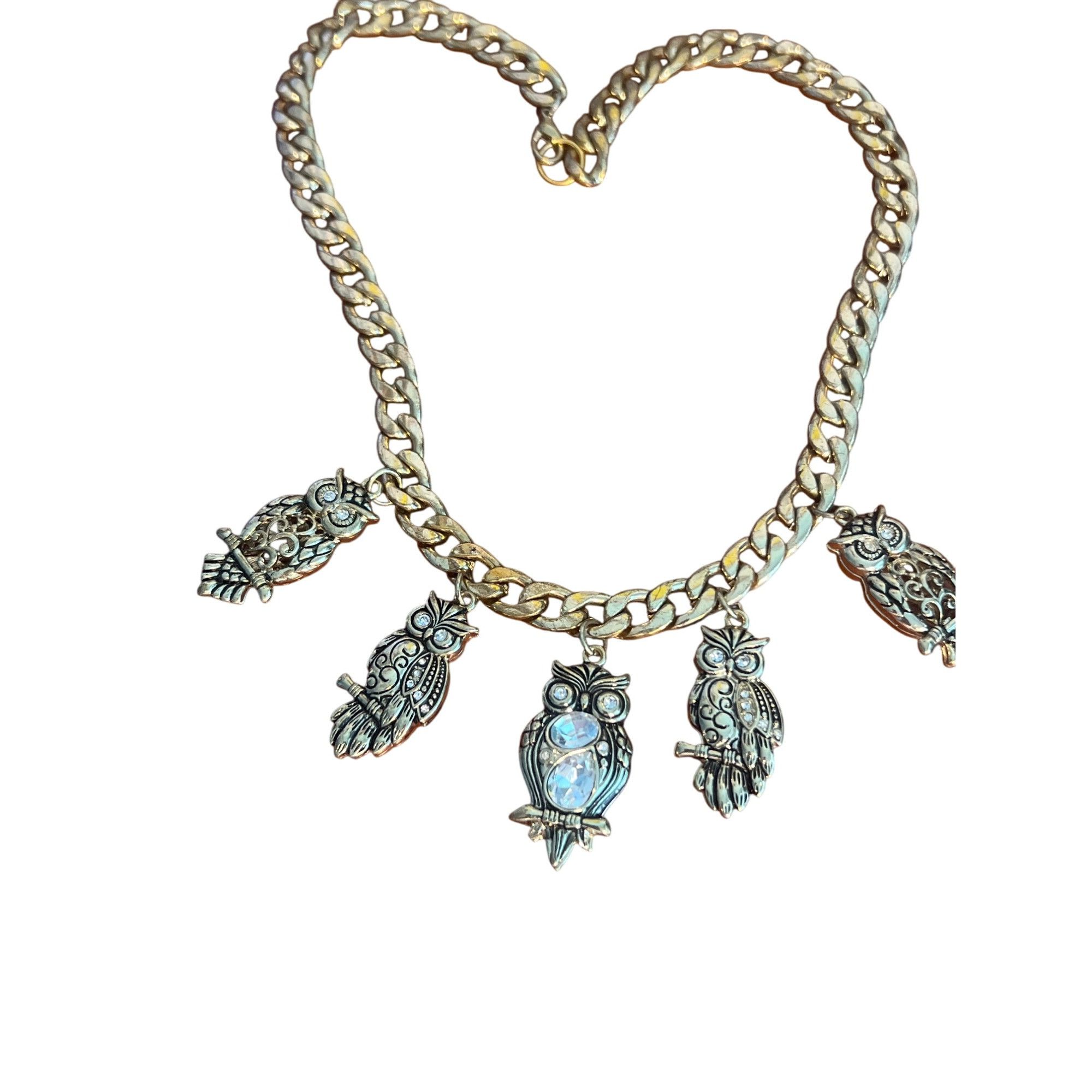 Other Cuban Link Gold Tone Necklace Owl Charms Clear Rhinestones C Size ONE SIZE - 1 Thumbnail
