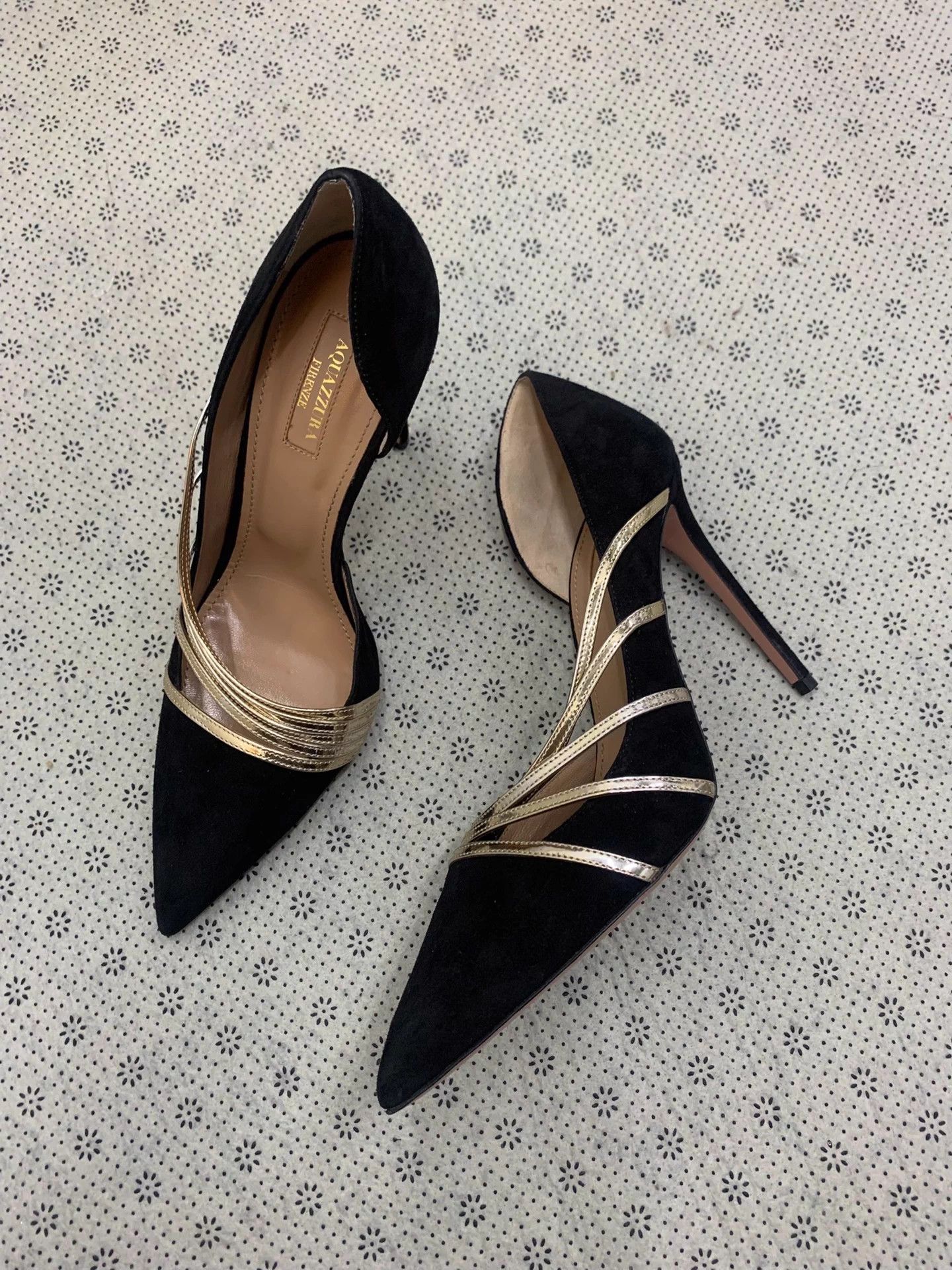 Aquazzura Aquazzura Pineapple Runway Stiletto Gold Suede Black 39 Size US 8.5 / IT 38.5 - 2 Thumbnail