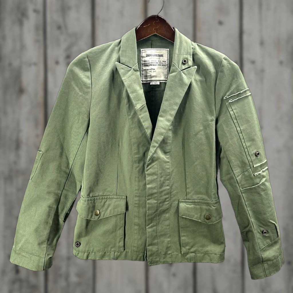 Zadig & Voltaire Jacket Virginia Grunge Womens XS Mid-Length Green Cotton Canvas Military Jacket Casual 90s Grunge Womens XS
