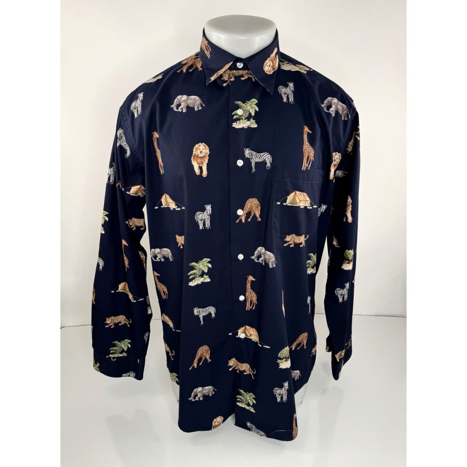 Vintage MAUS & HOFFMAN Safari Jungle Tent Lion Elephant Zebra Giraffe L Shirt EXC - Button-Up, Long Sleeve, Blue, Size L, Men, Zebra Theme Size US L / EU 52-54 / 3 - 2 Thumbnail