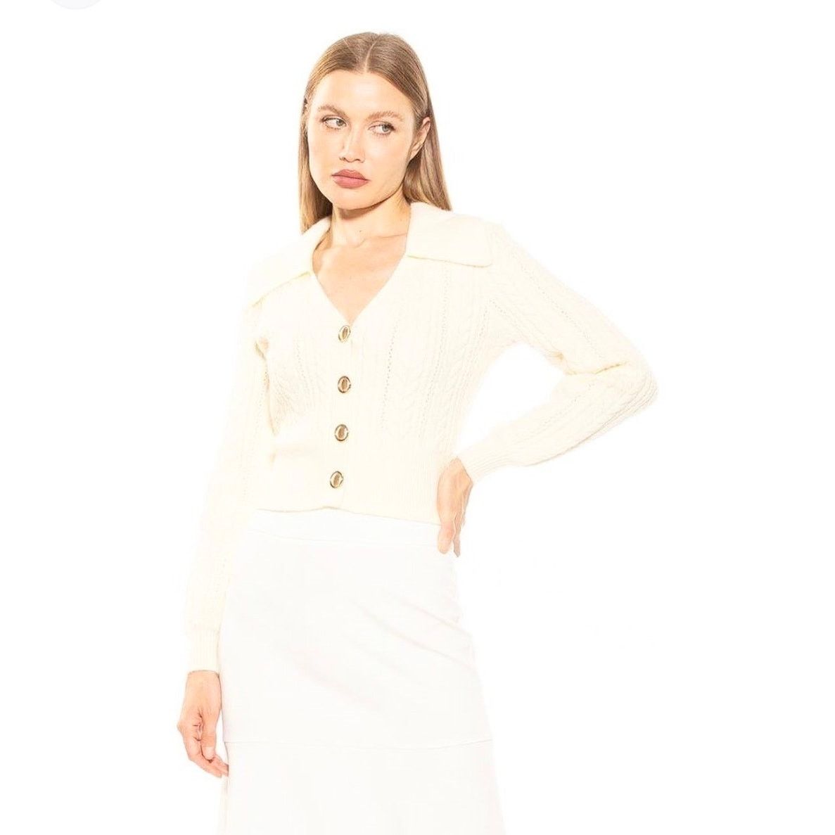 Other Alexia Admor Hazel Ivory Cable Knit Cardigan Sweater Size XL / US 12-14 / IT 48-50 - 2 Thumbnail