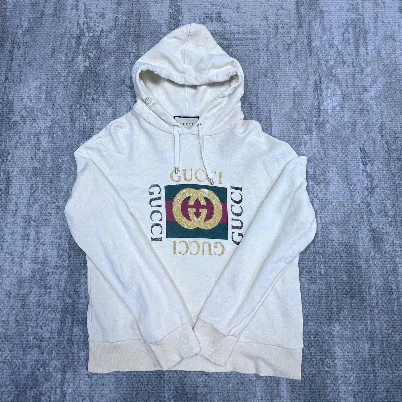 Gucci Gucci square vintage print white hoodie S (stains) Size S / US 4 / IT 40 - 1 Thumbnail