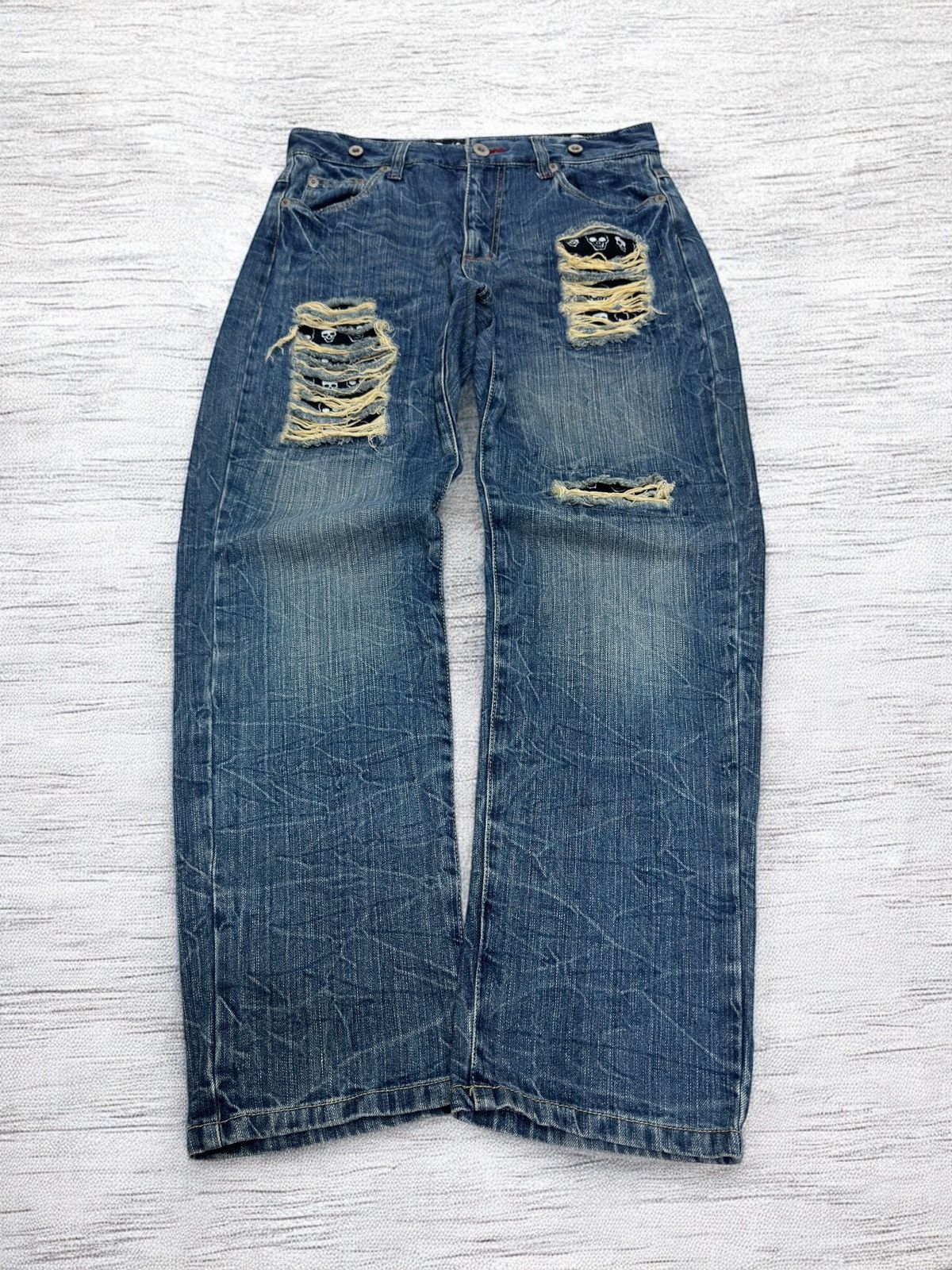 Hysteric Glamour Distressed Denim Back Buckle Heavy Ripped Blue Jeans Size US 31 - 1 Thumbnail