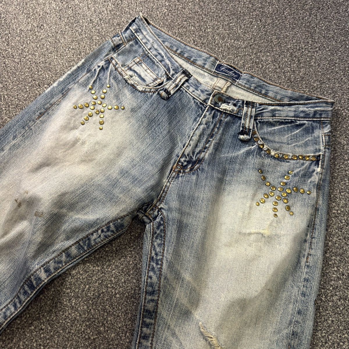 Tornado Mart Fudge Studded Stone Destroyed Jeans Denim Hysteric Y2k Style Size US 34 / EU 50 - 3 Thumbnail