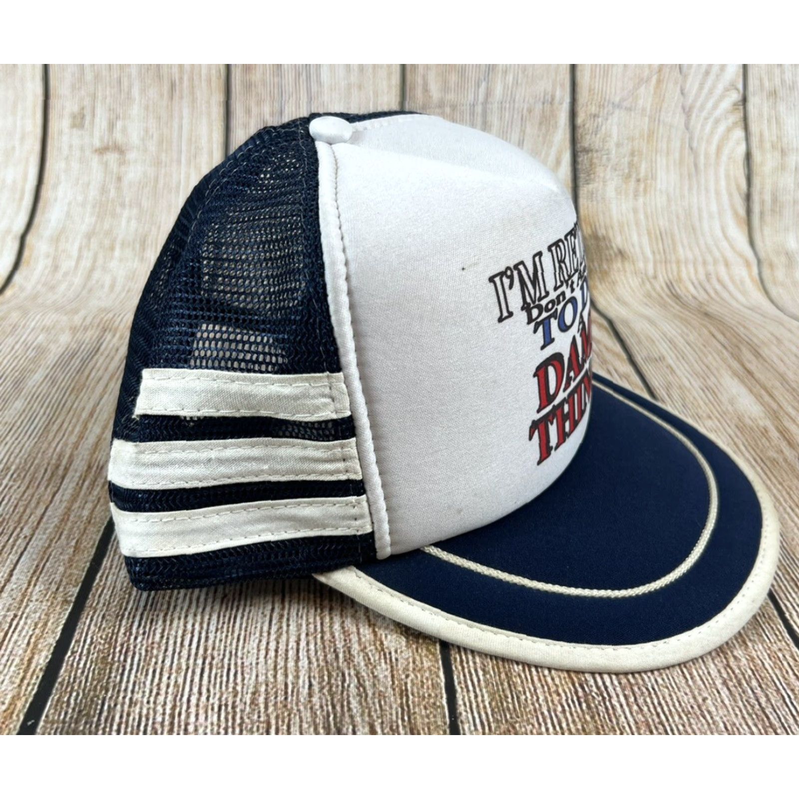 Vintage VINTAGE Nissin Trucker Hat White Blue 3 Three Stripe Hat Men One Size White Blue Nissin Cap Mens snapback shirt? Size ONE SIZE - 2 Thumbnail