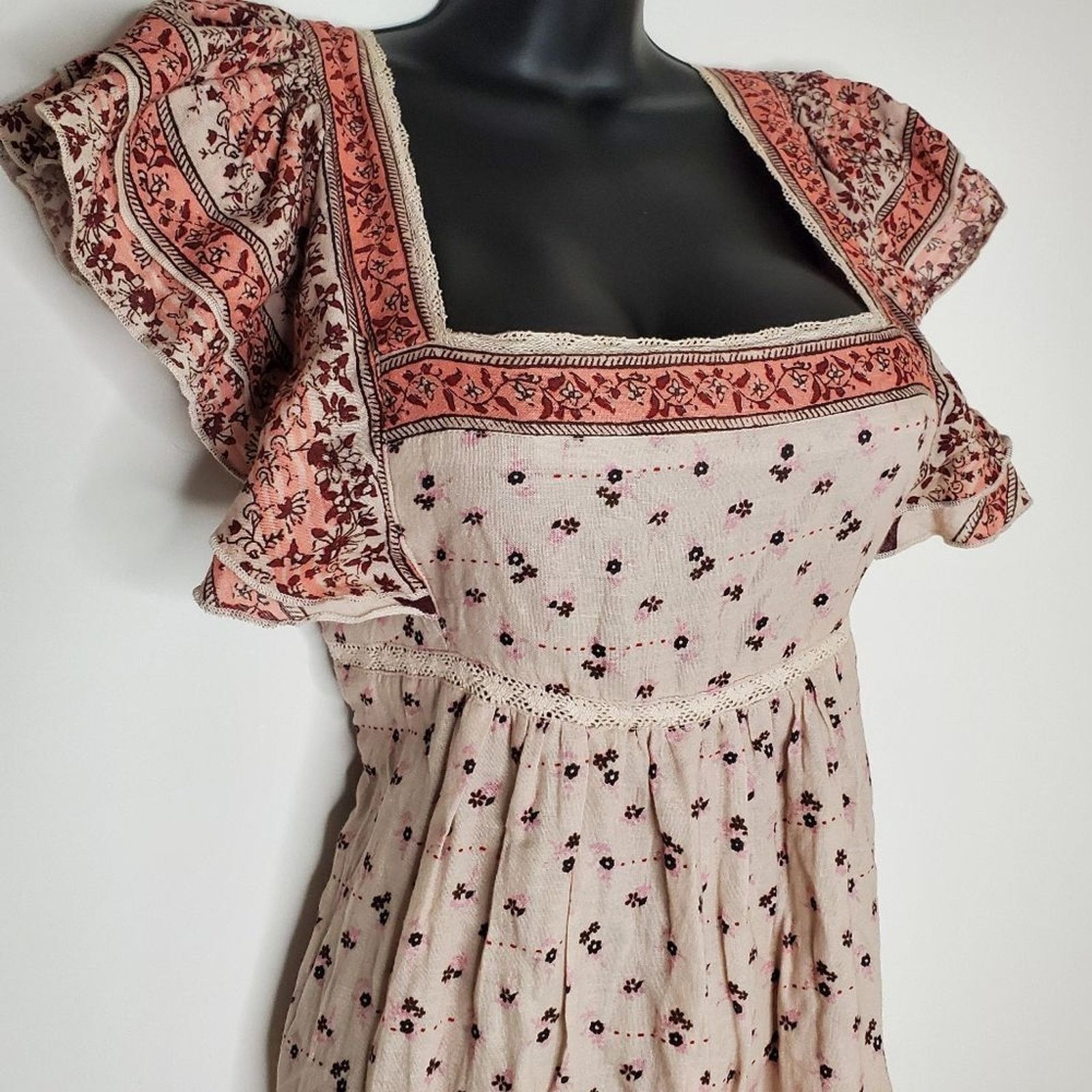 Anthropologie M.A.B.E. MABE Beige Pink Mira Print A Line Tiered Maxi Dress Size XS / US 0-2 / IT 36-38 - 3 Thumbnail
