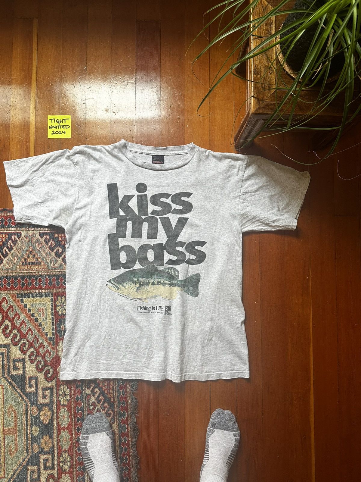 image of Vintage Kiss My Bass Fishing Single Stitch T-Shirt in Grey, Men's (Size XL)