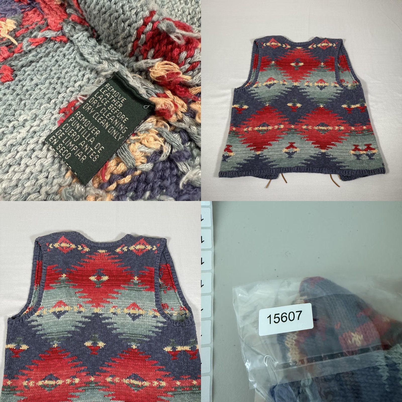 Ralph Lauren Lauren Ralph Lauren Vest Womens XL Hand Knit Aztec Geometric Linen Cotton Multicolor V-Neck Open Front with Leather Ties Buttoned Accents Size XL / US 12-14 / IT 48-50 - 8 Thumbnail