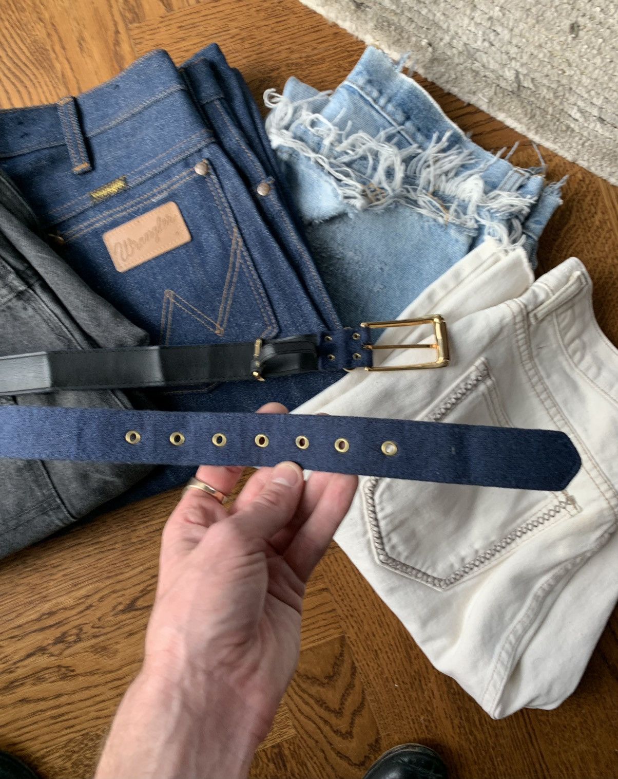 Vintage 1970s Belt 80s Vintage Waist Blue Fabric Gold Brass Buckle M Size ONE SIZE - 4 Thumbnail