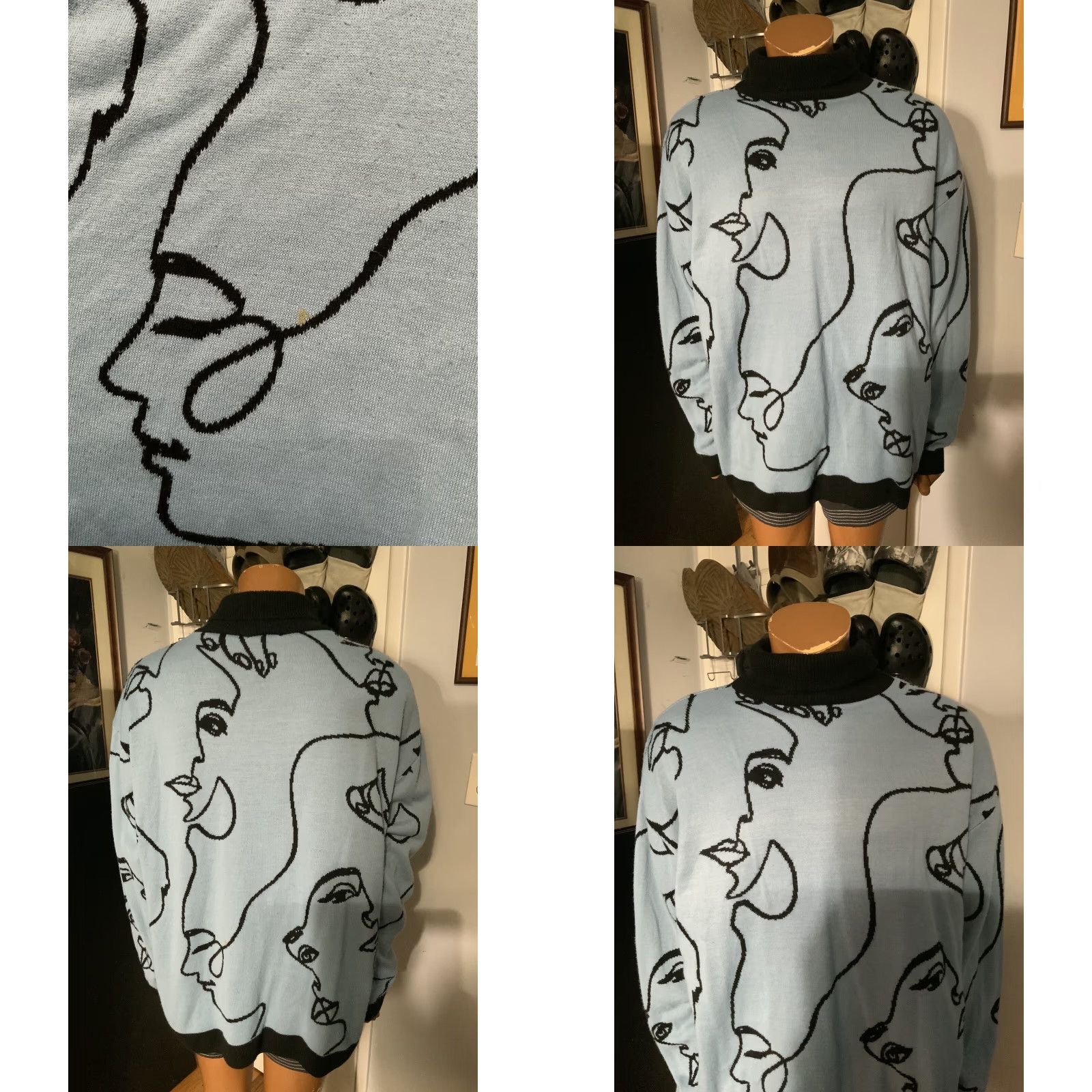 Boohoo Boohoo Man Light Blue Black Scribble Line Face Turtleneck Knit Sweater Sz. XL Men Pullover Size US XL / EU 56 / 4 - 8 Thumbnail
