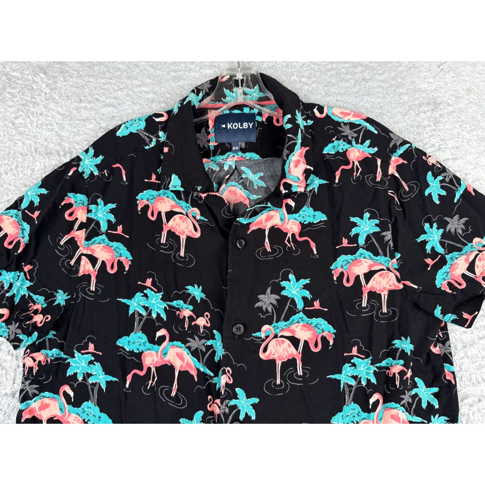 Vintage Kolby Shirt Adult Medium Black Blue Pink Flamingo Palm Tree 100% Rayon Size US M / EU 48-50 / 2 - 4 Thumbnail