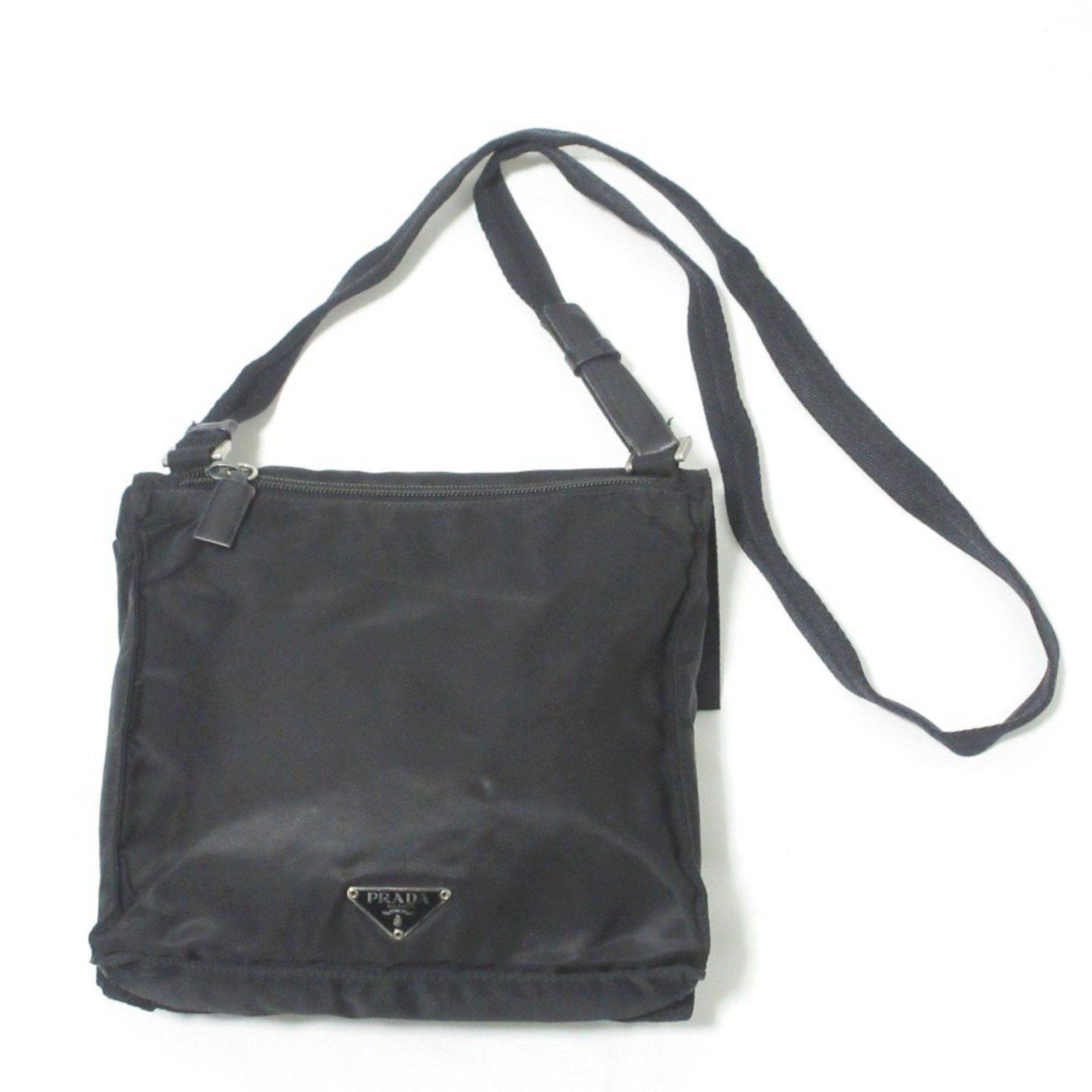 Prada Nylon Triangle Logo Plate Shoulder Bag Black Women's