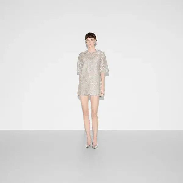 Gucci o1la5ras0526 Floral Lace Lame Short Sleeve Top in Gray Size XS / US 0-2 / IT 36-38 - 2 Thumbnail