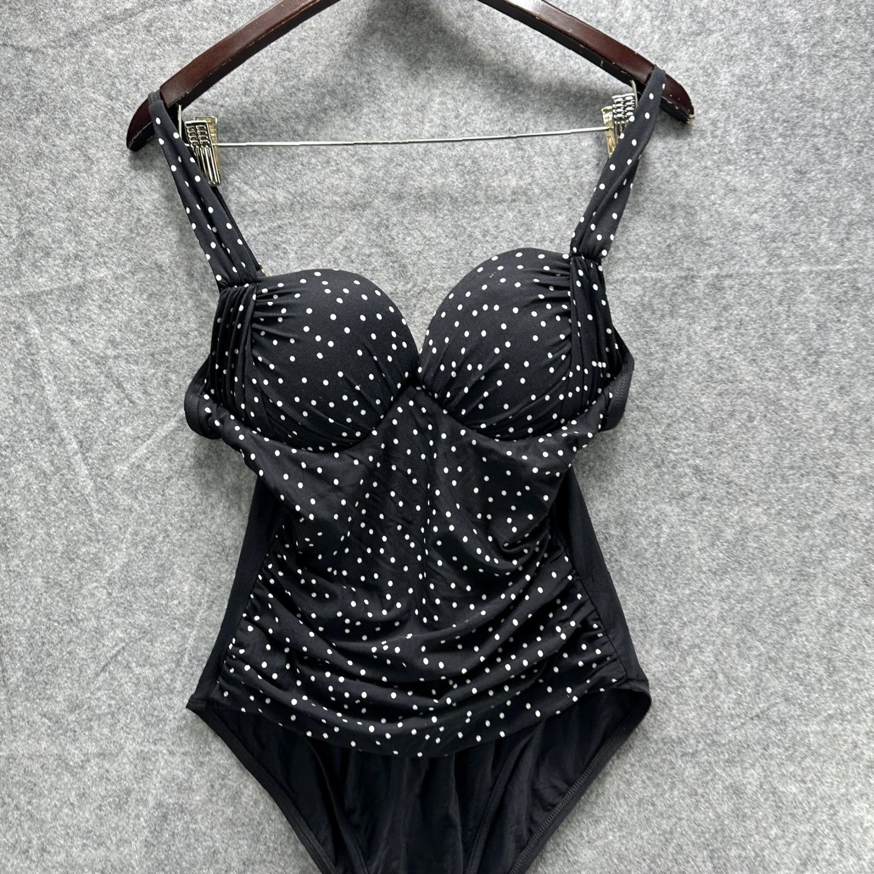 Vintage La Blanca One Piece Swimsuit Womens 12 Black Polka Dot Ruched Adjustable Straps Lined Padded Bathing Suit Size ONE SIZE - 3 Thumbnail