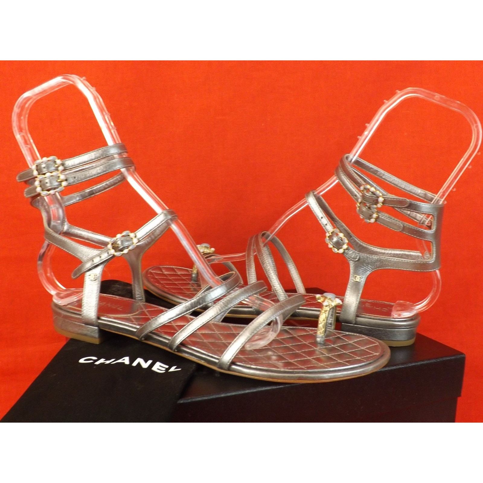 Chanel CHANEL SILVER LEATHER JEWELS RING CC LOGO FLATS SANDALS 42 Size US 12 / IT 42 - 3 Thumbnail